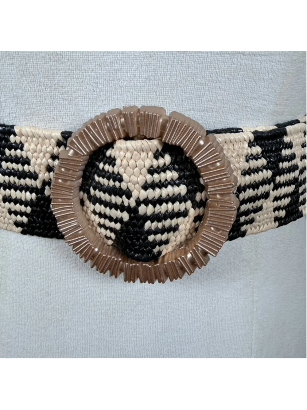 Bohemian Stretch Raffia Belt Black Beige Knit Woven Waist Belt Coastal Size M/L